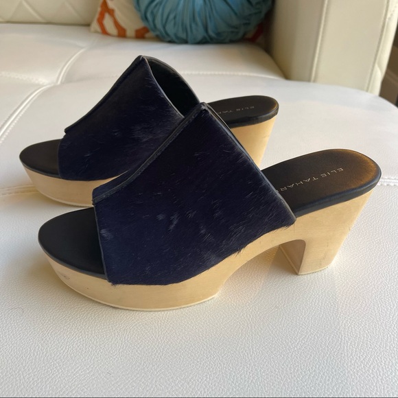 NWOT Elie Tahari Tortuga Navy Blue calf hair Leather wooden clogs navy blue 38 - Picture 6 of 11